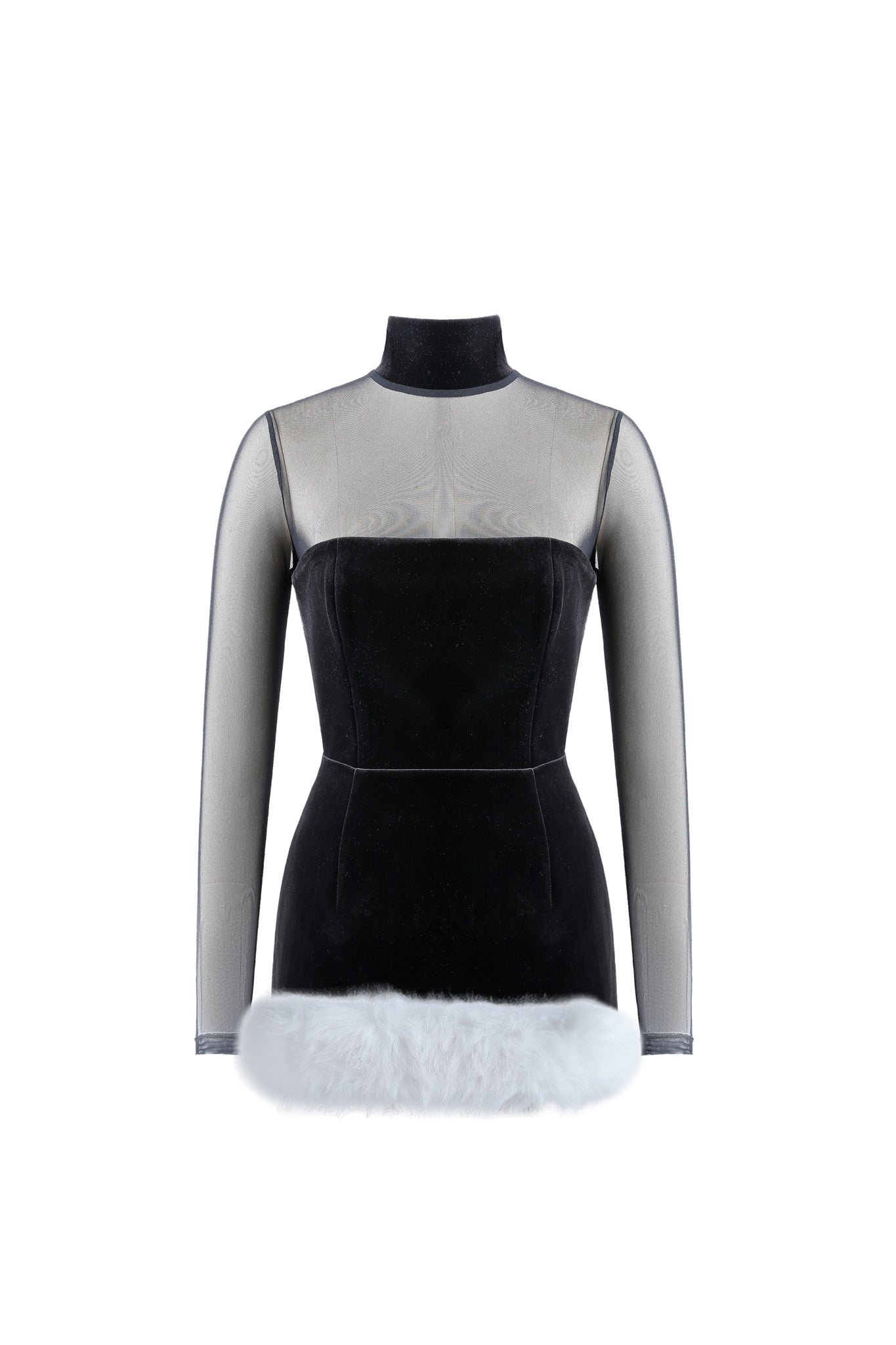 Noel Mini Dress + Mesh Turtleneck + Faux Fur – Black