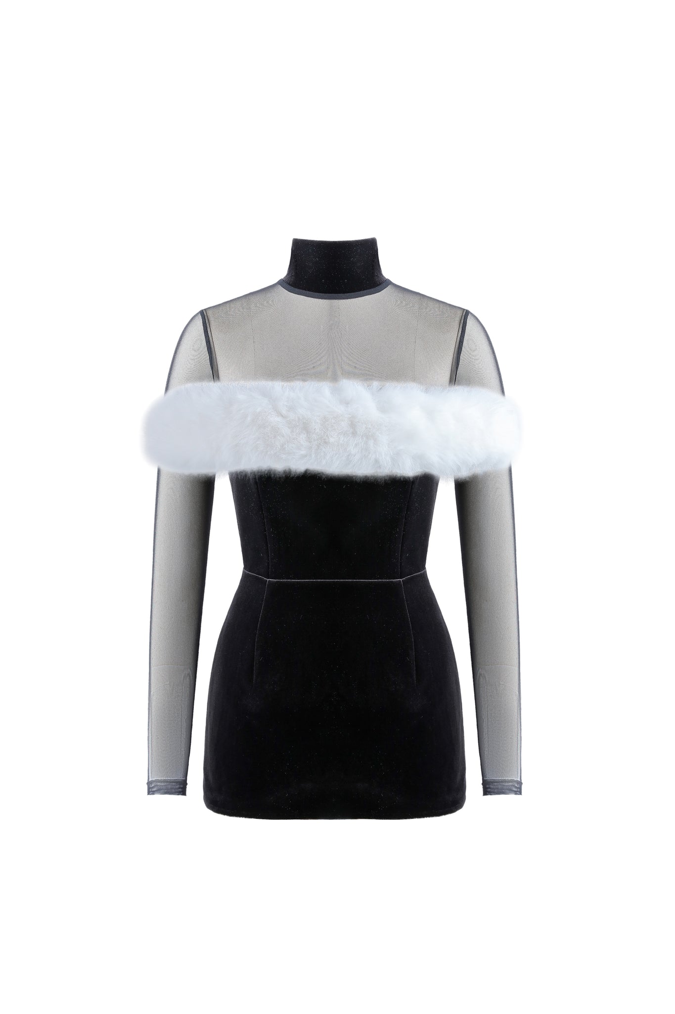 Noel Mini Dress + Mesh Turtleneck + Faux Fur – Black