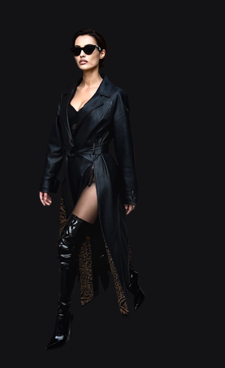 Sleek PU Trench Coat With Leopard Luxe Lining